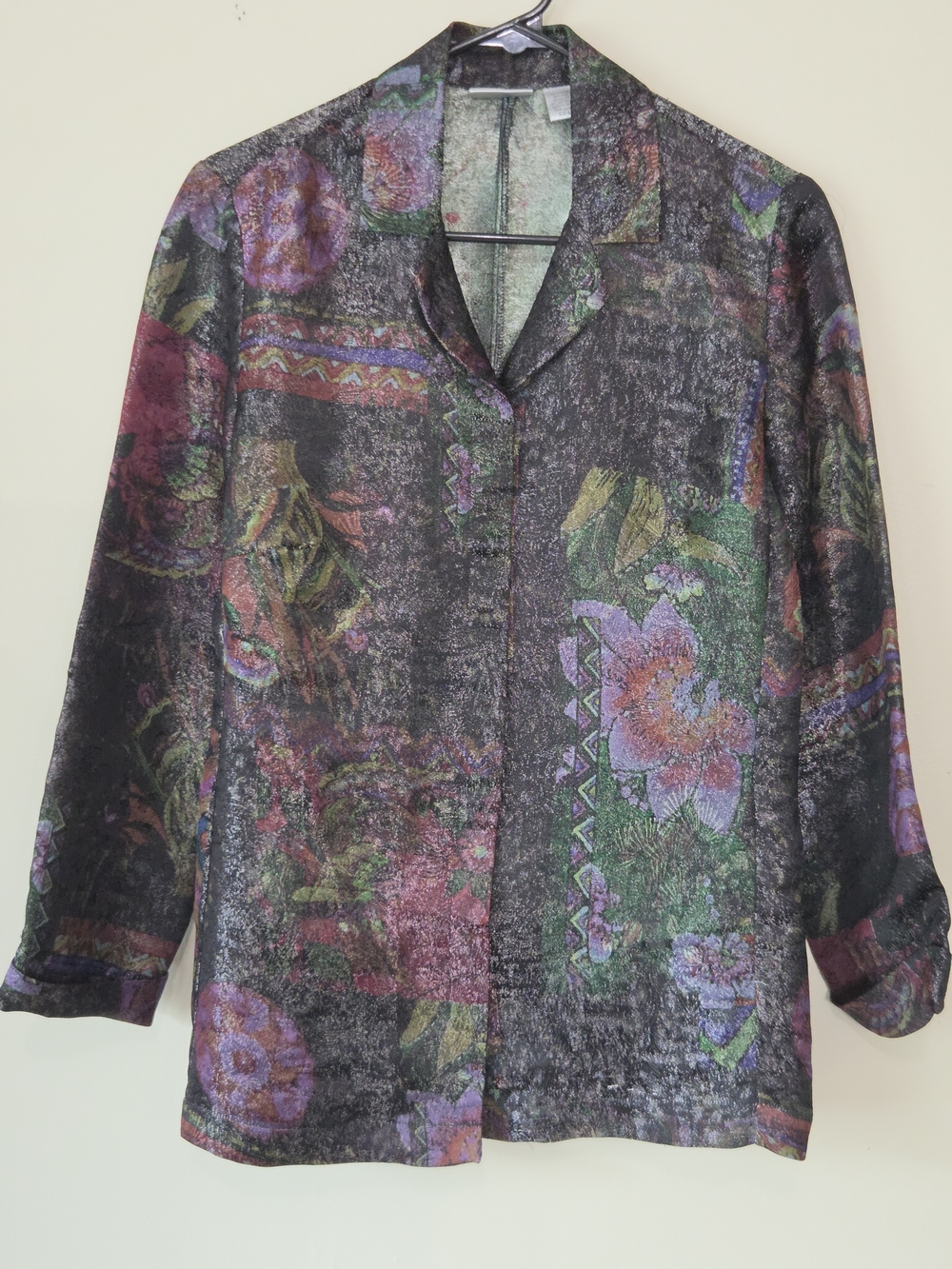 Chico's Black Multi Floral Silk-Blend Button-Front Shirt
